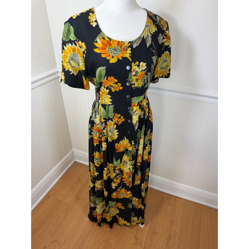 Positive Attitude Sunflower Vintage Maxi Dress Womens 8 Petite Black Floral 90s